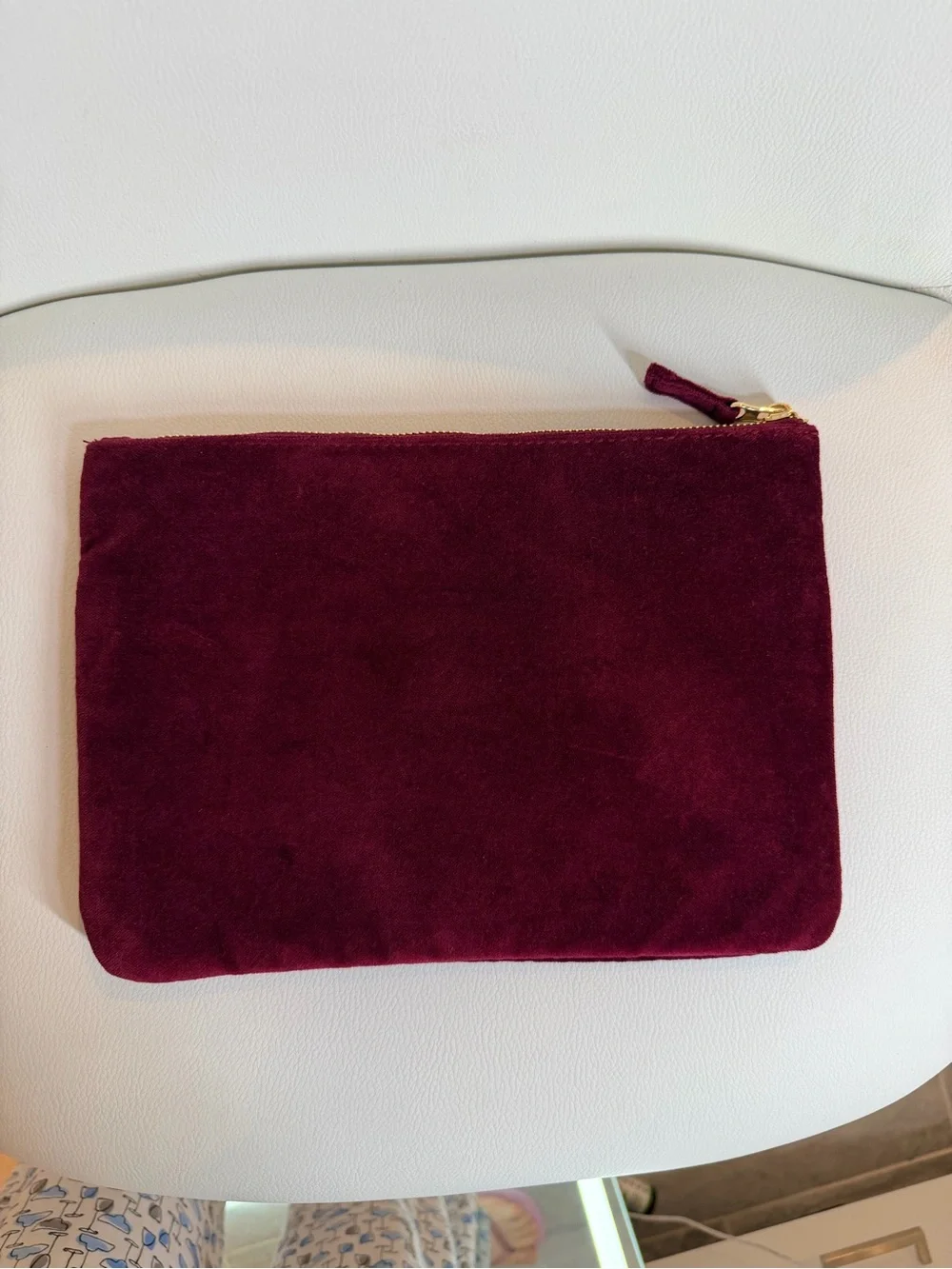 NWT Sézane Burgundy Cotton Velvet Zip Flat Pouch Makeup Bag with Pink Trim